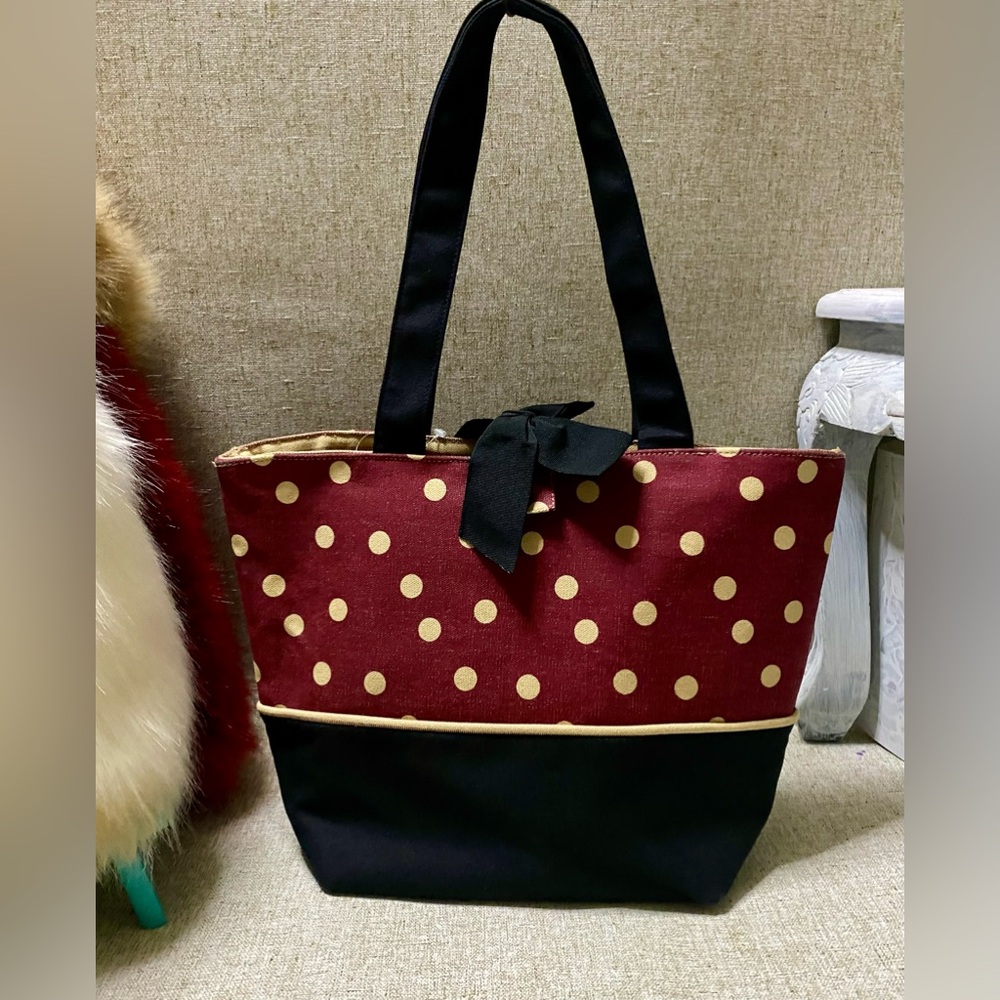 🎀stitch trend, canvas bag, red color with caqui  polka dots🎀#Stitch_trend